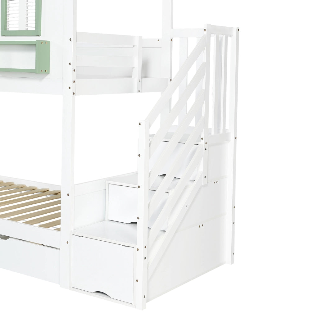Letto a castello 90x200 cm con scala contenitore; cassetti e lavagna in legno e MDF bianco e verde