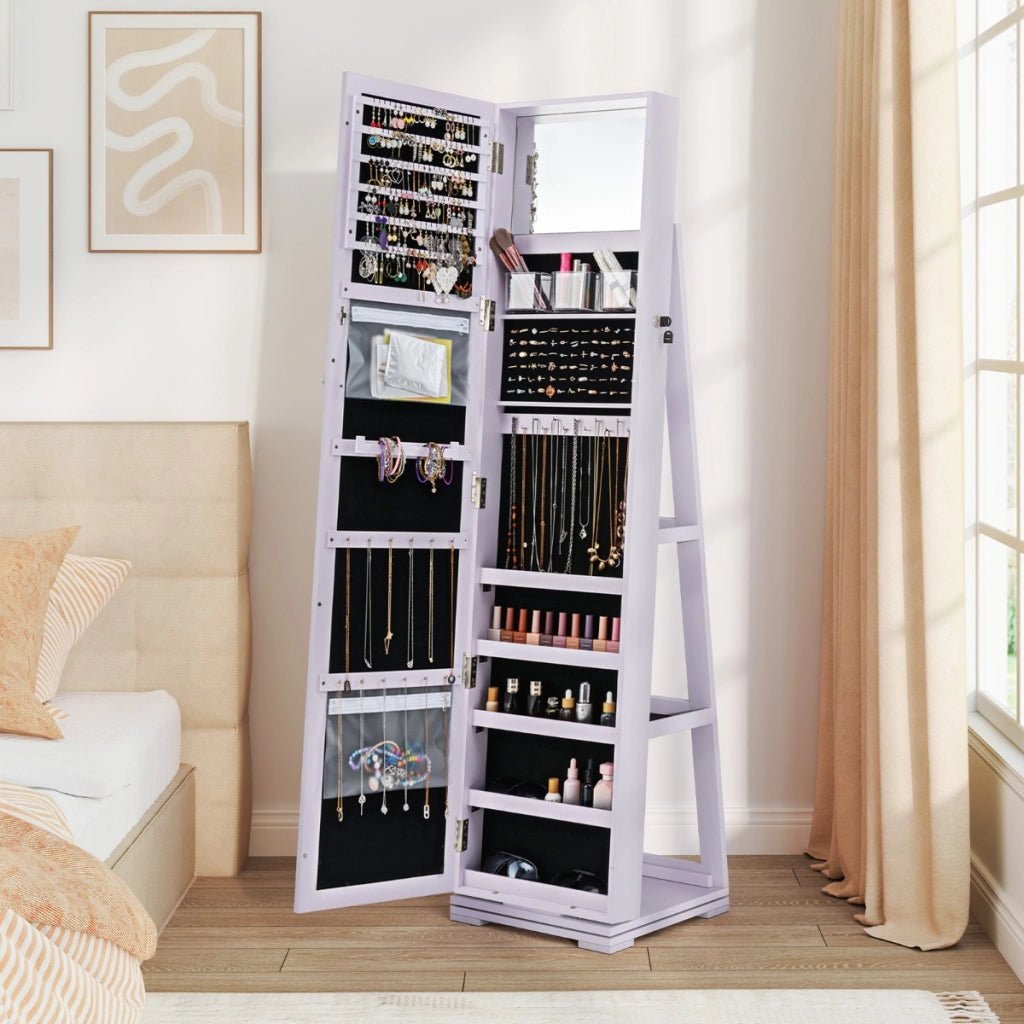 Armadio portagioielli girevole a 360¡ã con specchio, Organizer gioielli 2 in 1 a figura intera Viola-Armadietti per gioielli