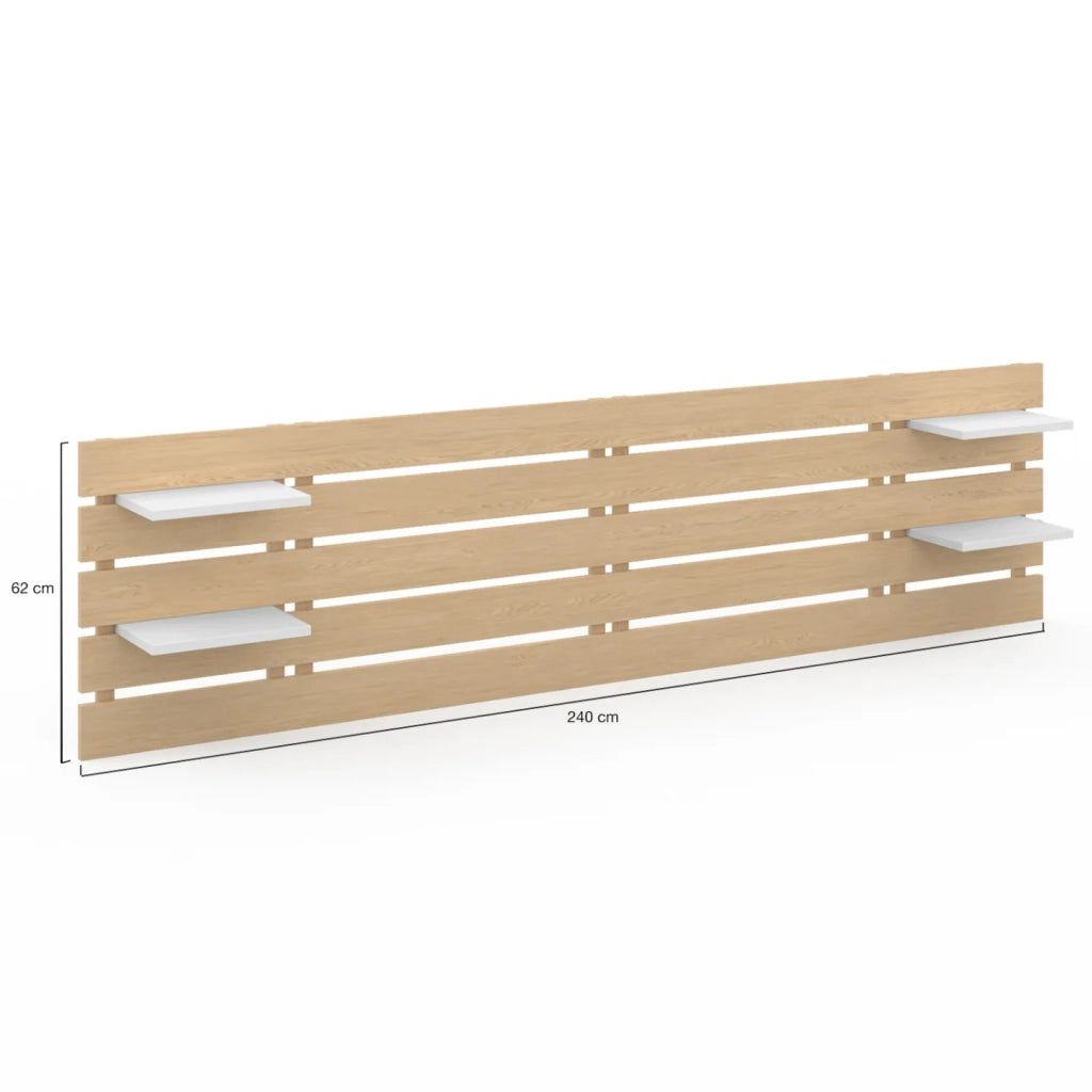 IDMarket - Testiera NINA 240 CM in legno chiaro con 5 doghe larghe e ripiani bianchi