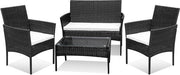 Set di giardino in vimini nero 4 posti - stile elegante per balcone e terrazza, con cuscini spessi e tavolo
