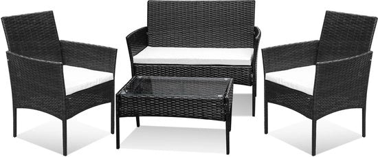 Set di giardino in vimini nero 4 posti - stile elegante per balcone e terrazza, con cuscini spessi e tavolo