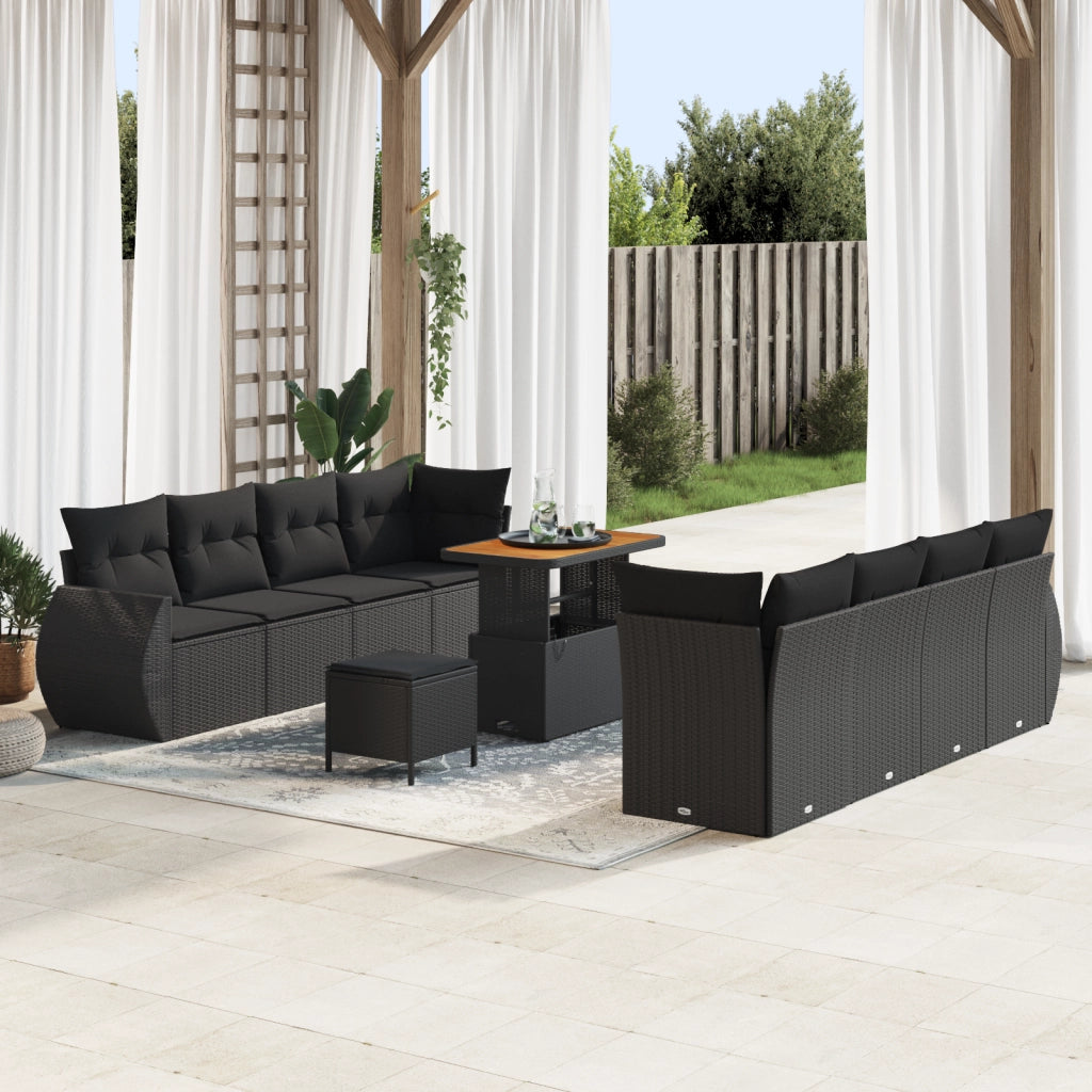 Set di Divano da Giardino  11 Pezzi con Cuscini Nero Polyrattan Acacia