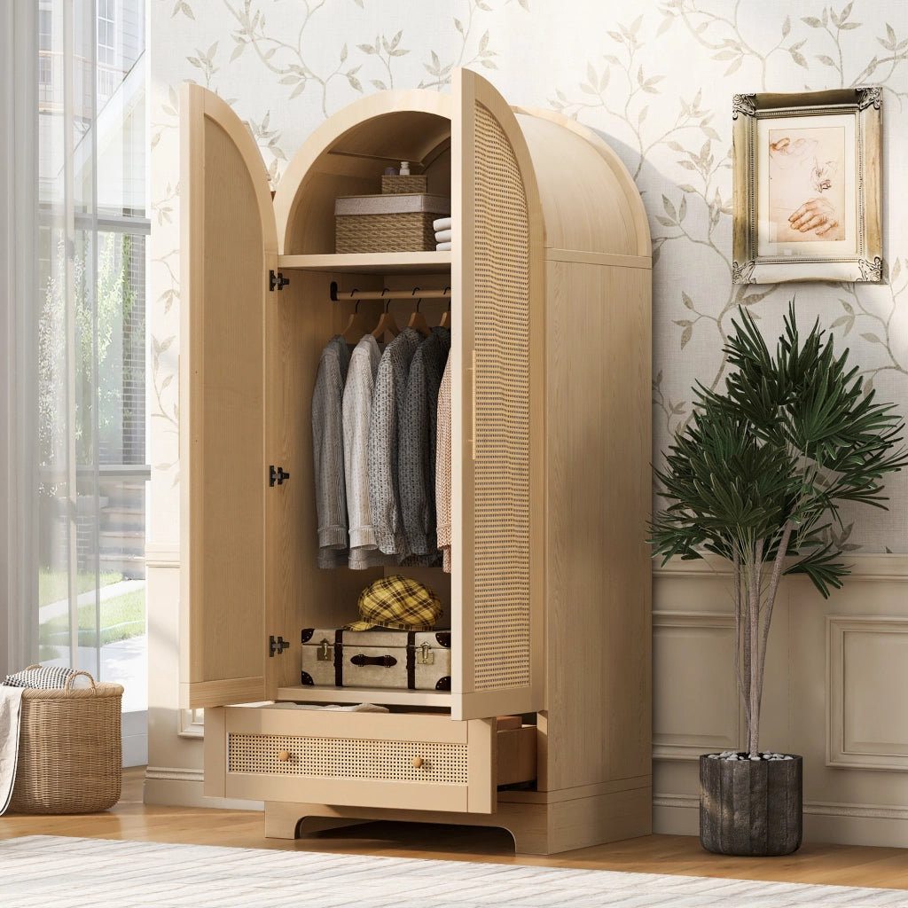Armadio con 2 ante; 1 grande vano e 2 cassetti; ante effetto rattan; per camera da letto; 70 × 55 × 170 cm