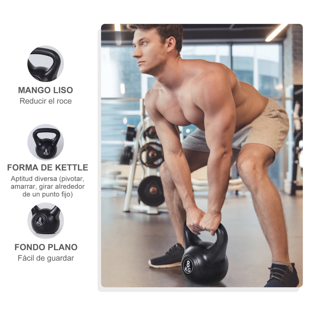 Kettlebell 8 kg ¨C Xylo ¨C Impugnatura antiscivolo, riempimento sabbia, 22x17x24 cm, nero