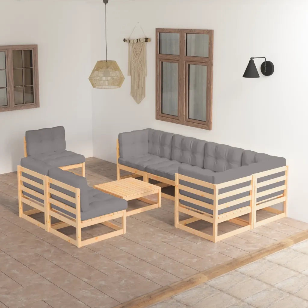 Set Salotto Giardino 9 pz Cuscini Antracite Legno Massello Pino 3076679