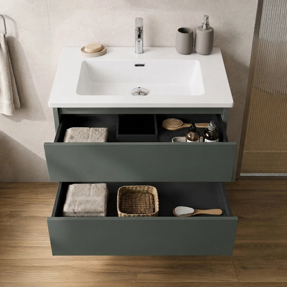 Mobile bagno sospeso 80 cm verde due cassetti push-pull e lavabo Tierra