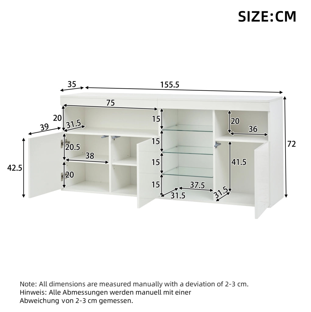 Credenza LED bianca 155,5 x 35 x 72 cm in pannello di particelle e vetro