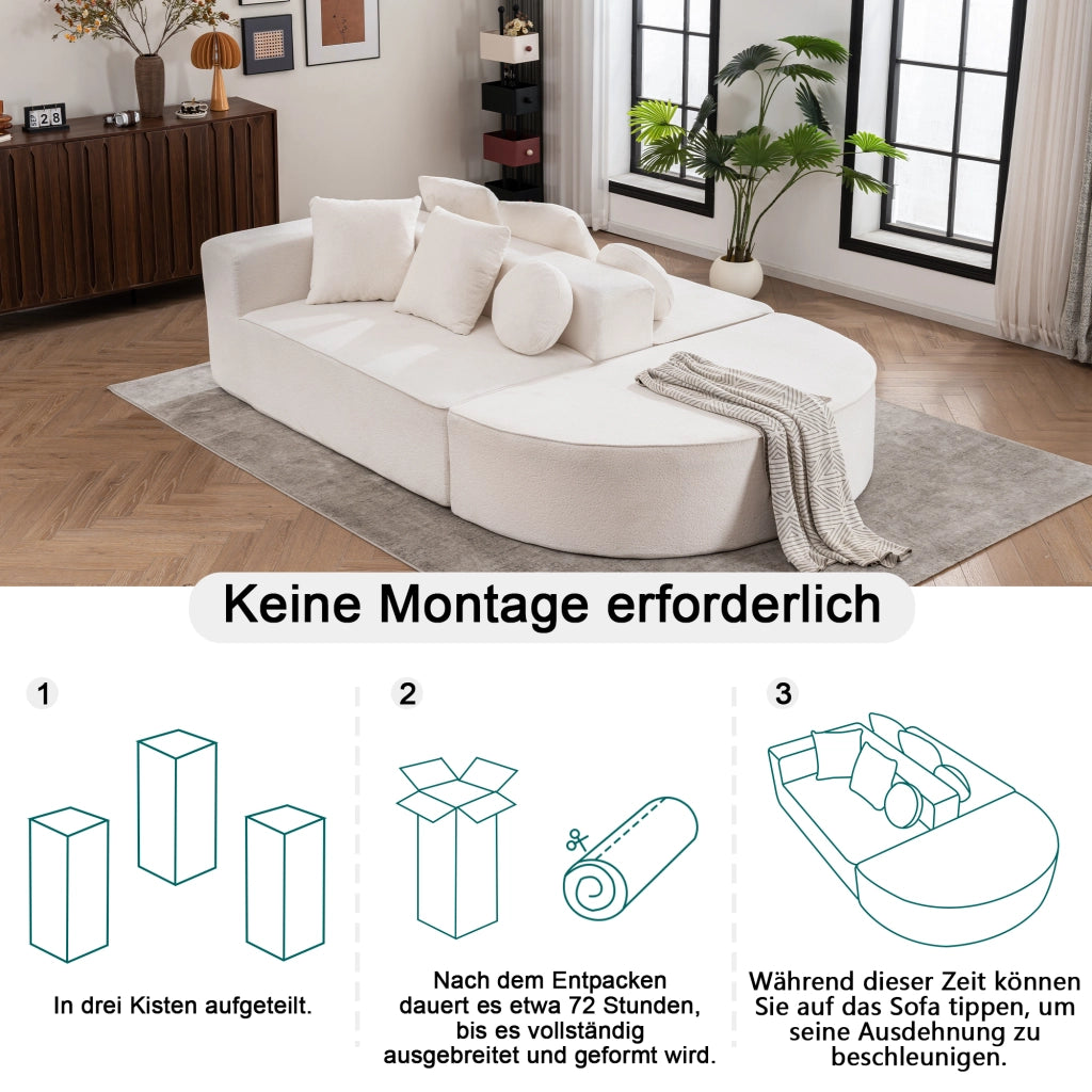 Divano modulare convertibile in ciniglia con struttura in schiuma, senza montaggio, bianco 263 × 171 × 66 cm