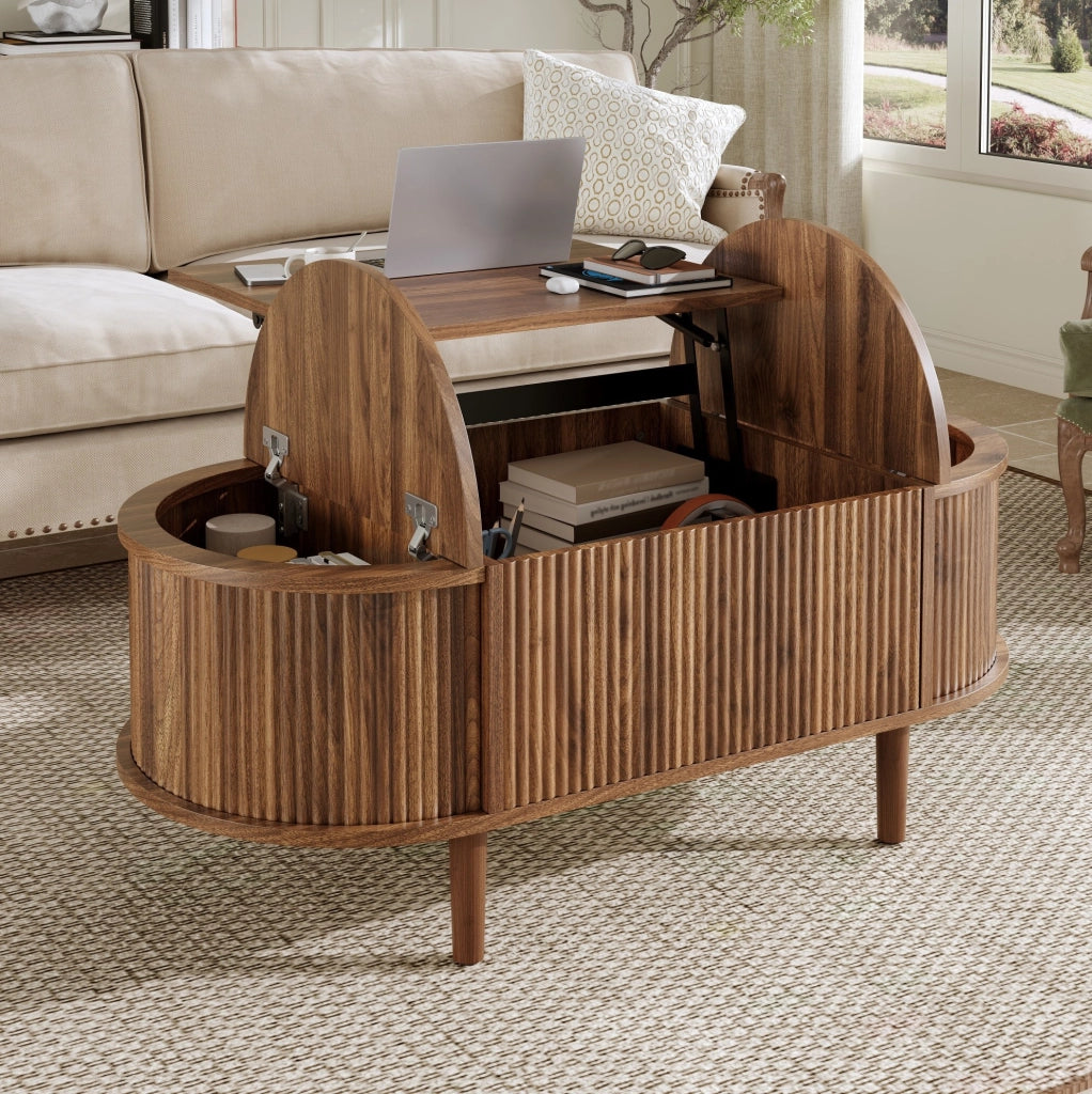 Tavolino da caffè ovale regolabile 100x48x53;5 cm con contenitore in MDF; noce