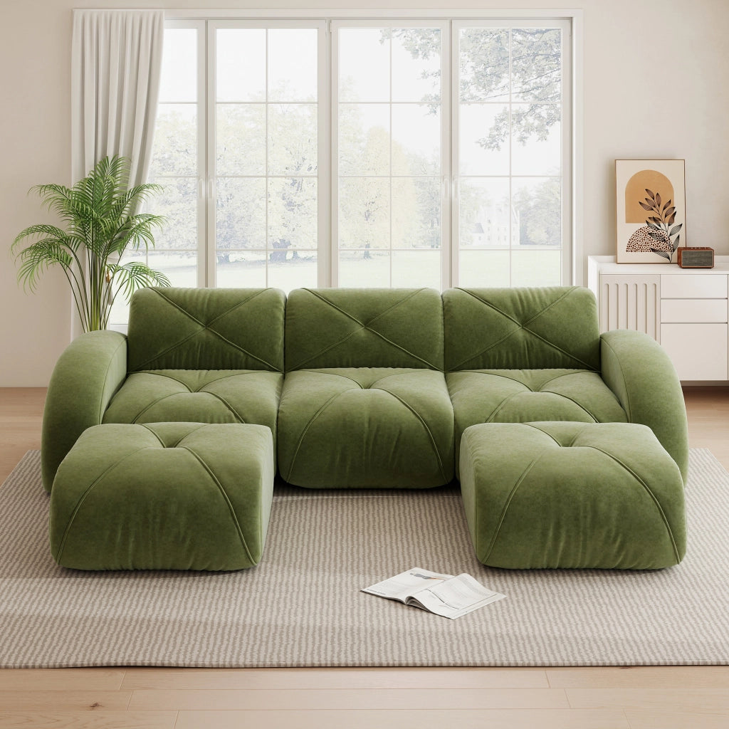 Divano panoramico in U modulare senza struttura con 2 pouf per soggiorno e relax in chenille verde 281 × 171 × 76 cm