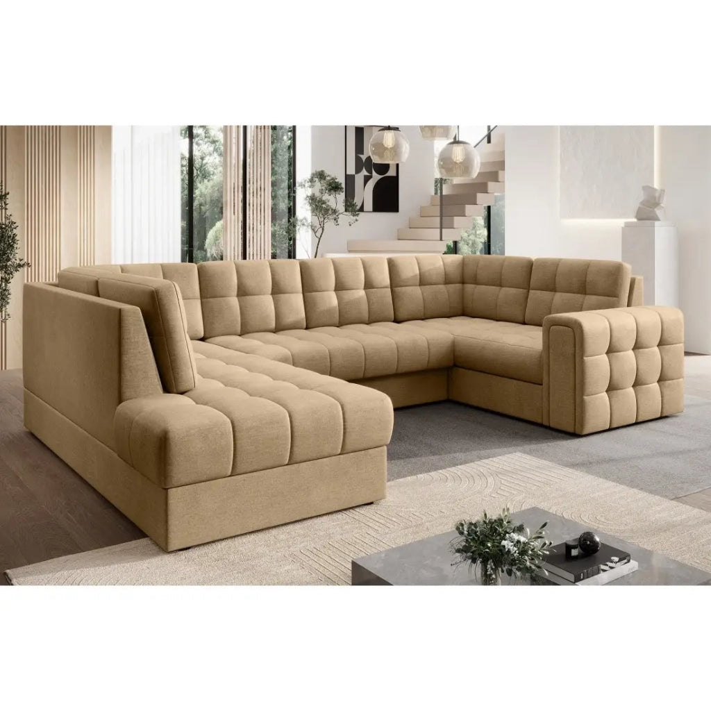 Divano ad angolo convertibile MONTEZA marrone chiaro sinistro 299 cm con vano contenitore e letto
