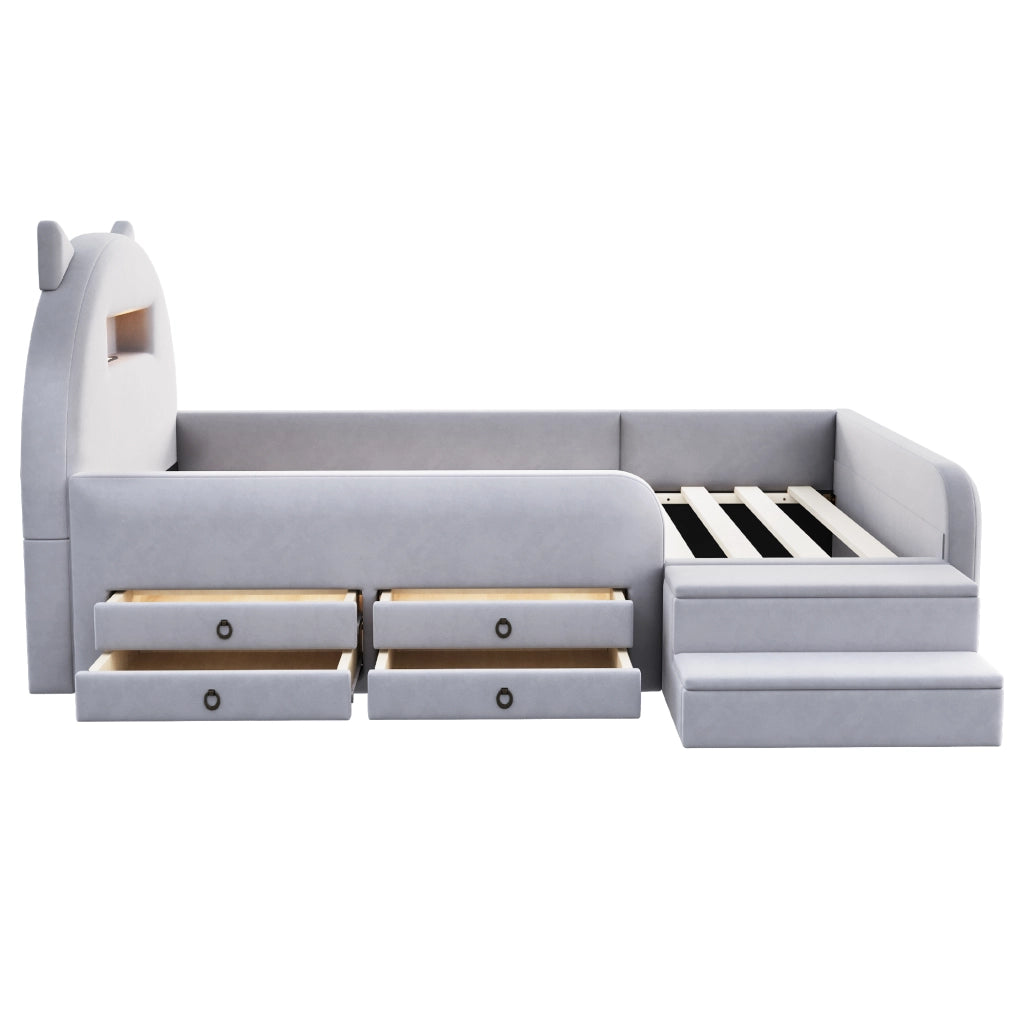 Letto singolo imbottito 90x200 cm in velluto grigio chiaro con contenitore; USB e luce notturna