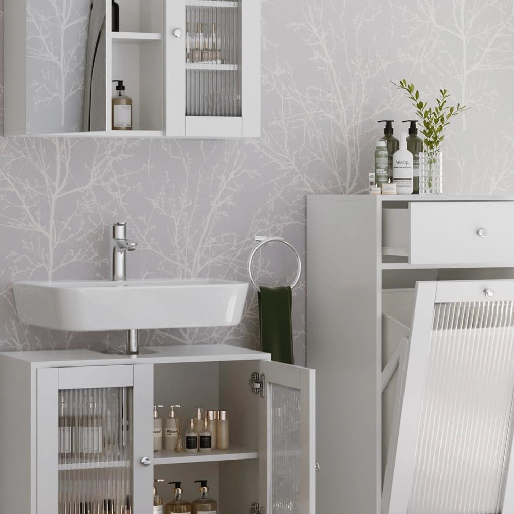 Set di mobili da bagno Malte, Bianco, 60 cm, composto da mobile sottolavabo, specchiera e mobile medio