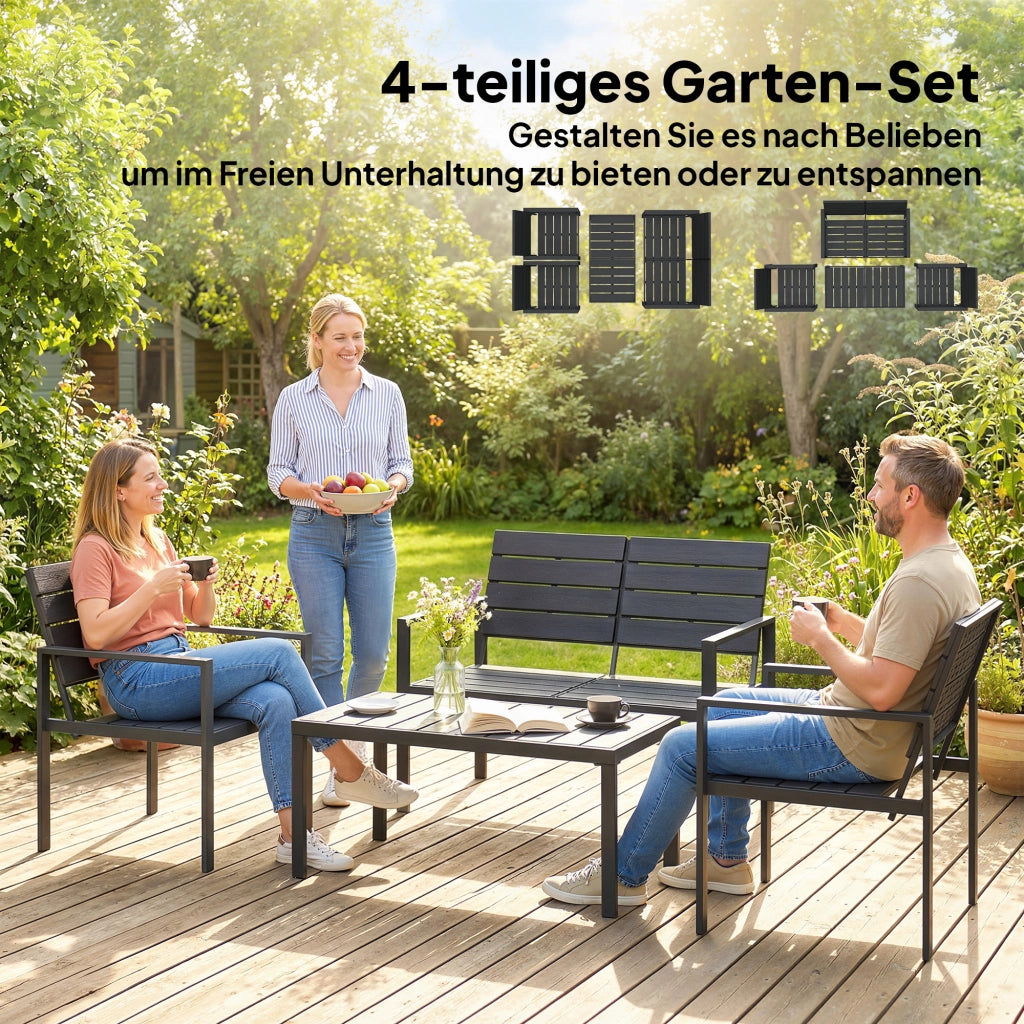 Mobili da giardino a 4 posti: Divanooo a 2 posti + 2 poltrone + tavolino laterale; design a listelle; nero
