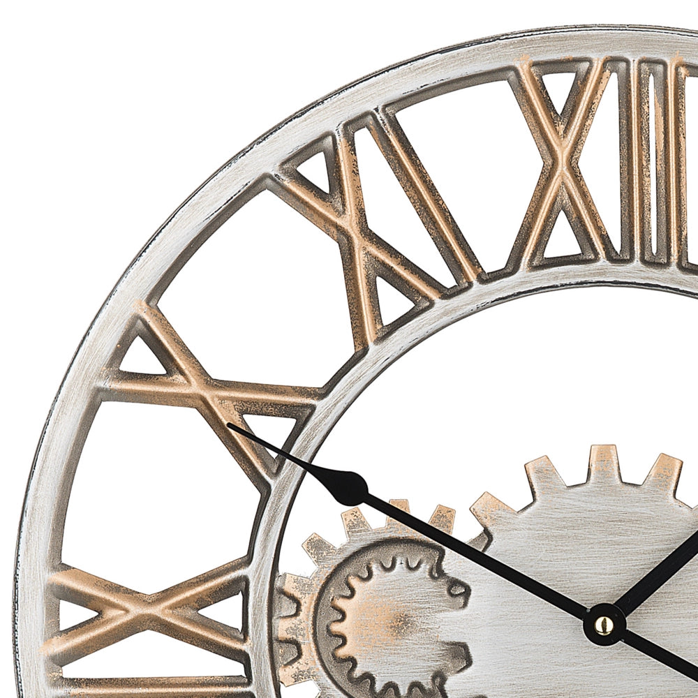 Orologio da Parete Argento Anticato Cornice in Ferro Design Industriale Ingranaggi Numeri Romani Rotondi 46 cm