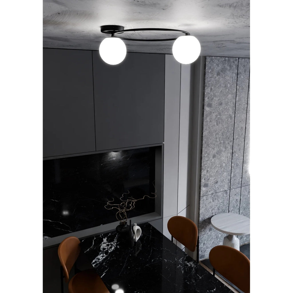 Plafoniera Minimal 2 Luci Perseo In Acciaio Nero E Sfere In Vetro Bianco