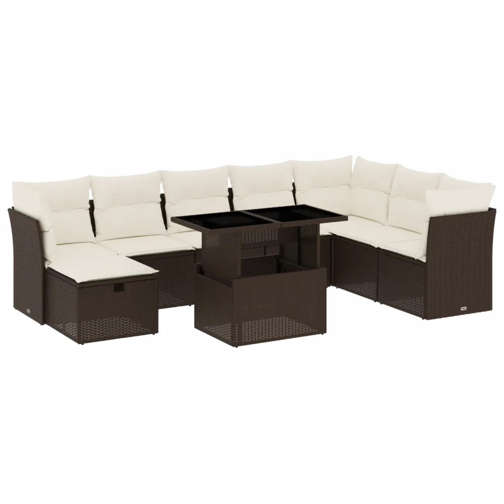 Set Divani da Giardino 9pz con Cuscini Marrone in Polyrattan