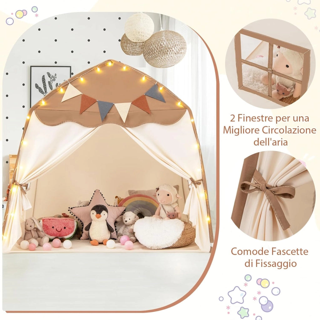Tenda per Bambini con Luci Fatate e Bandierine, Tenda Casetta da Gioco con 2 Finestre, Tenda Gioco Castello Portatile per Interni ed Esterni, 157 x 98 x 148 cm (Marrone e beige)