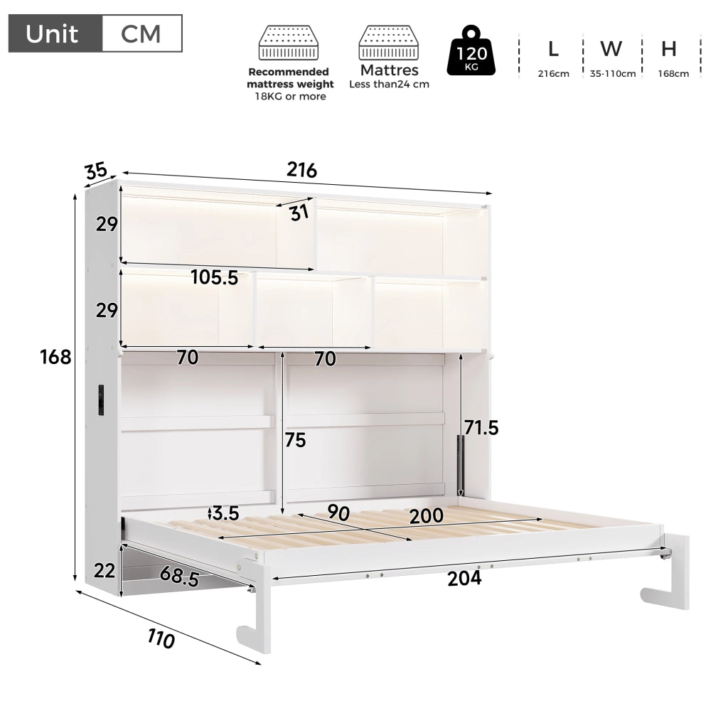 Letto a scomparsa singolo 90 × 200 cm con LED, USB, Type-C e contenitore, senza materasso, bianco