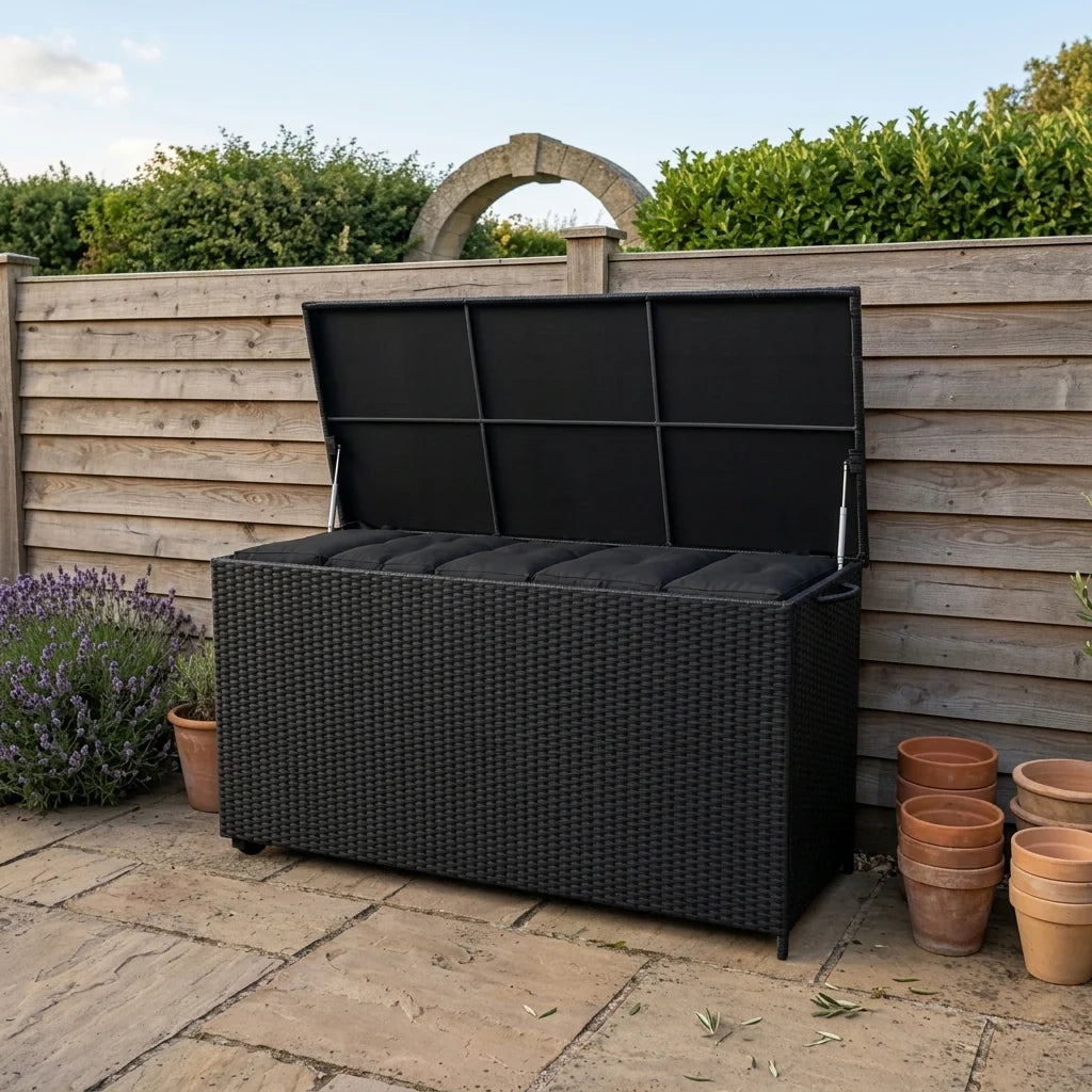 Box Contenitore Rattan Giardino 700L Nero Baule Esterno con Rivestimento