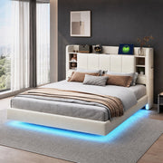 Letto matrimoniale imbottito 160x200 cm con LED; presa USB; contenitore e ripiani; beige