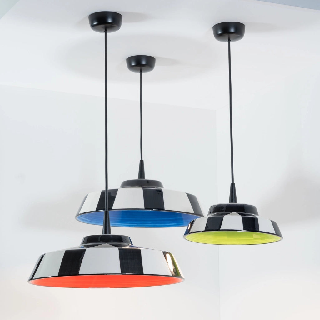 Circus Lampada a Sospensione LED Design Artigianale in Ceramica Blu 8W 3000K Diametro 35 cm con Diffusore Decorato a Righe Made in Italy Modulare