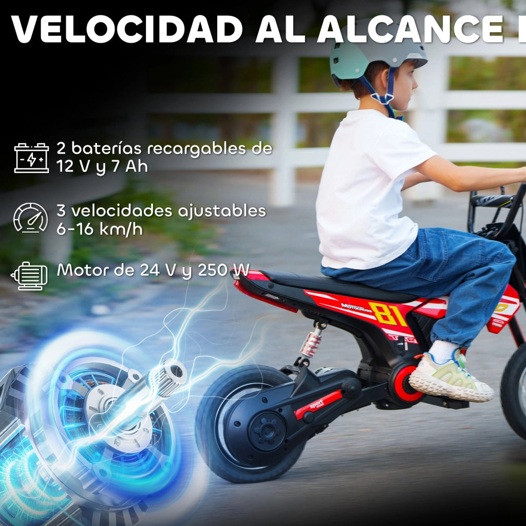 Moto Elettrica per Bambini 24V 250W ¨C Minimal ¨C Rosso 12'' per 8-12 Anni