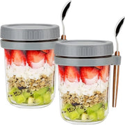Porta yoghurt in vetro con cucchiaio, contenitore a chiusura ermetica 400 ml per overnight oats, vetro, contenitore per yogurt, muesli, frutta, latte, cereali (grigio)