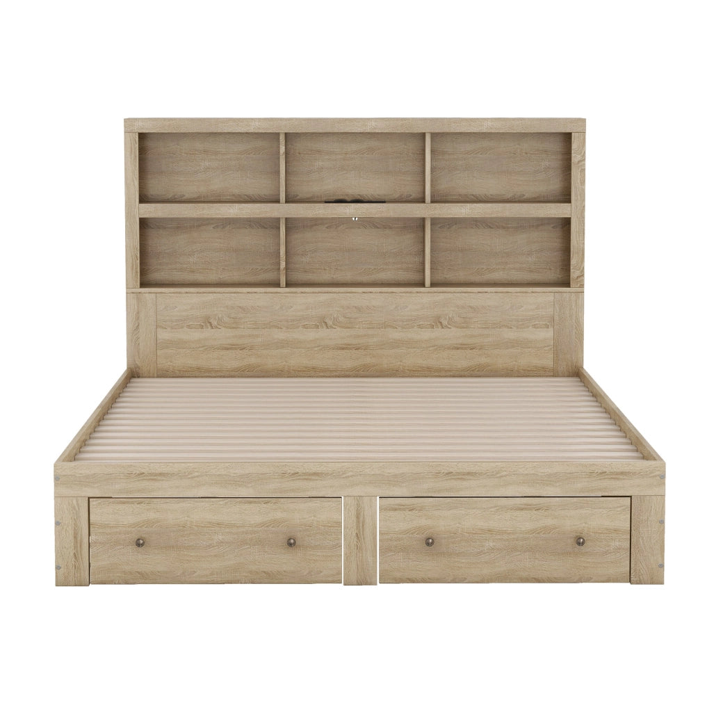 Letto matrimoniale 160x200 cm con USB e contenitore; truciolare; colore naturale