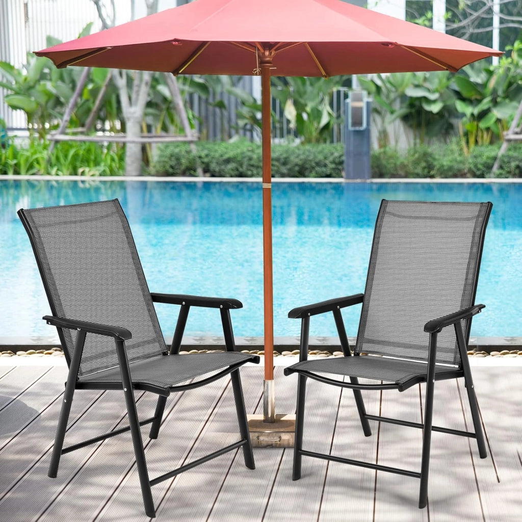 Set di 2 sedie pieghevoli, con schienale alto, da giardino, in metallo, con braccioli e schienale, resistente alle intemperie, portata fino a 110 kg (grigio)