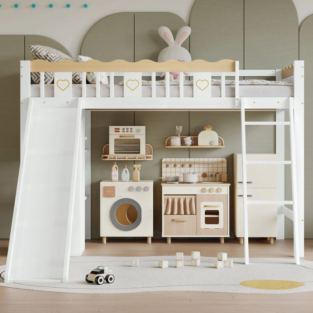 Letto a castello bianco e naturale con scivolo per bambini in legno massiccio e MDF 90x200 cm