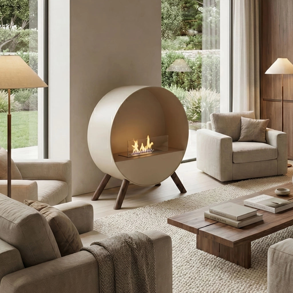 Venere - Camino a Bioetanolo da Pavimento 60x72x30 cm con Bruciatore 1 Litro e Piedi in Legno di Pino Tortora