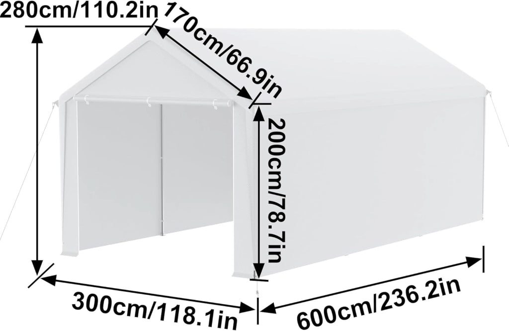 Carport, tenda da campeggio, 3 x 6 m, grande tenda da garage con pareti laterali rimovibili, resistente all'inverno, per auto, SUV, camion, bianco