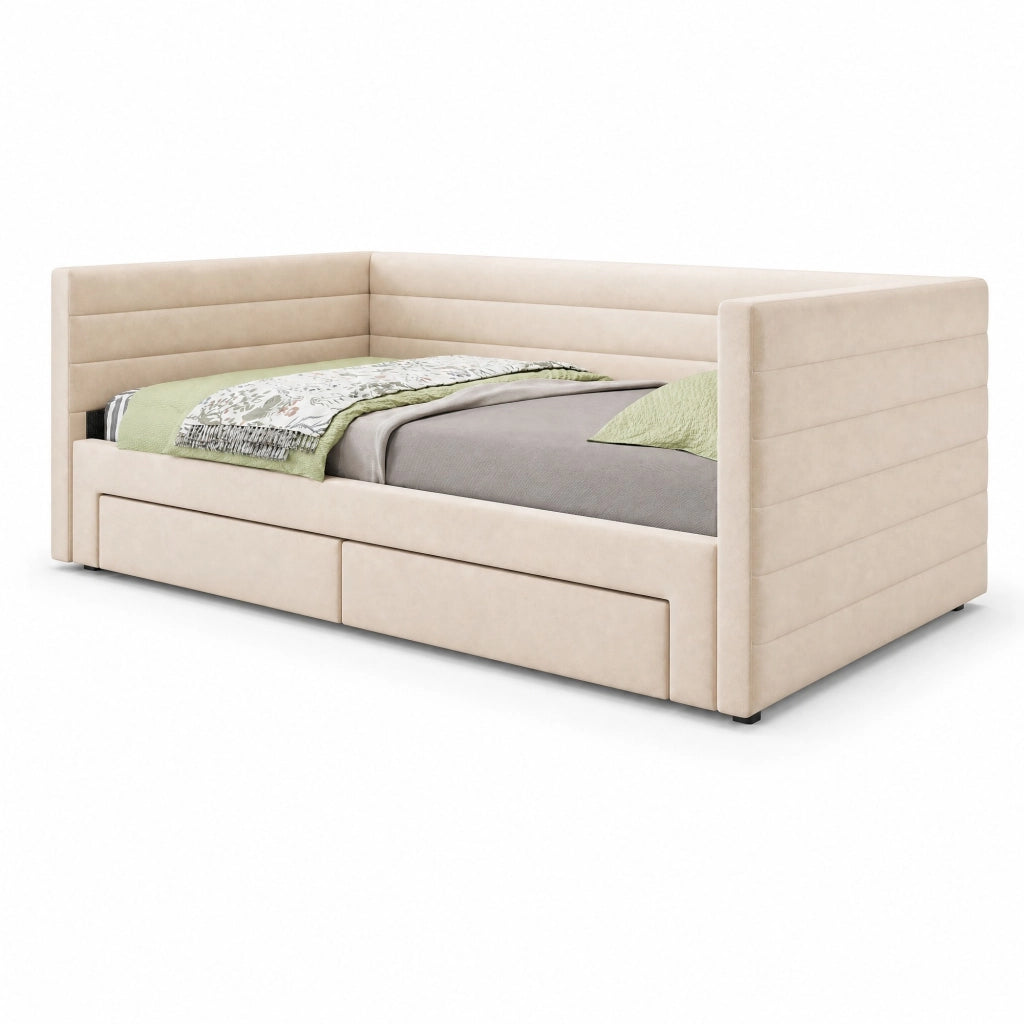Letto imbottito 3 in 1 estraibile 90x190 cm con 2 cassetti; beige