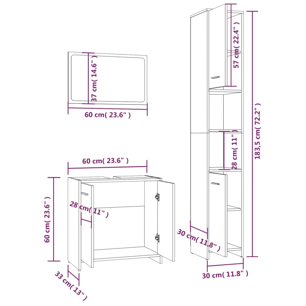 Set Mobili da Bagno | Armadio da bagno 3 pz Grigio Sonoma in Legno Multistrato