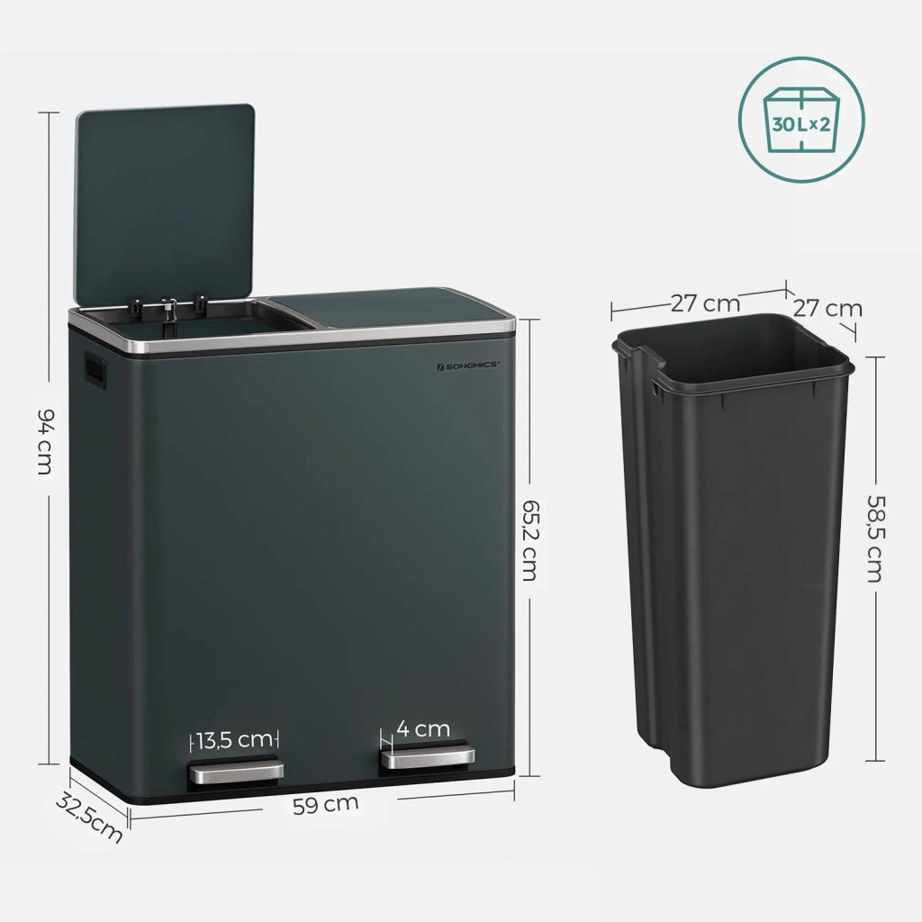 Pattumiera a 2 pedali con doppio scomparto 2 x 30 litri acciaio inox anti-impronta secchio interno in plastica con manico verde 12_0007157