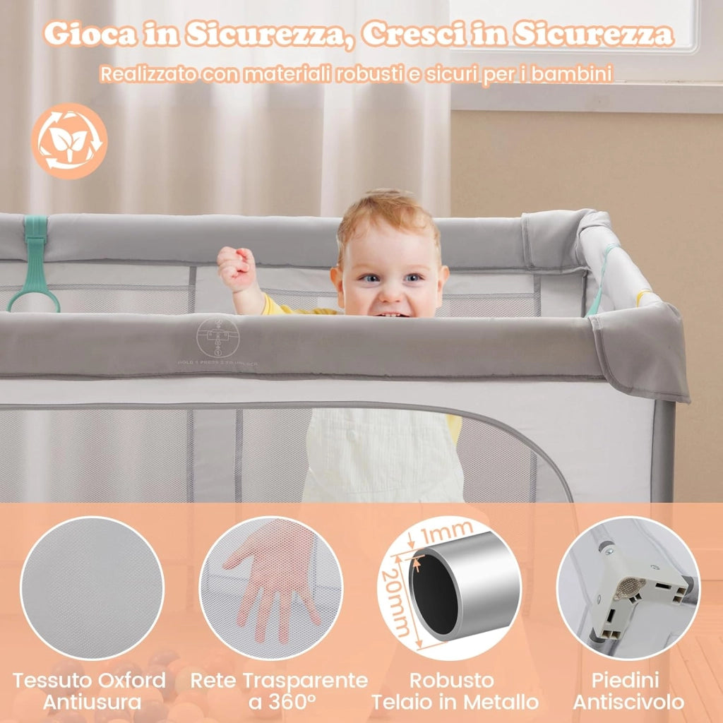Box per Bambini 127 x 127 cm, Recinto per Bambini Pieghevole in Tessuto Oxford con Rete Traspirante, Box con Giochi che Include 50 Palline, 4 Pezzi Anelli e Borsa (Grigio, 127 x 127 cm)