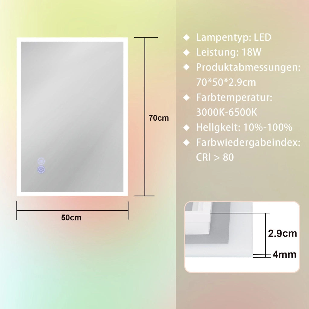 ZMH Specchio con luce 50x70cm Specchio da parete a LED Specchio da bagno in vetro antideflagrante con touch screen