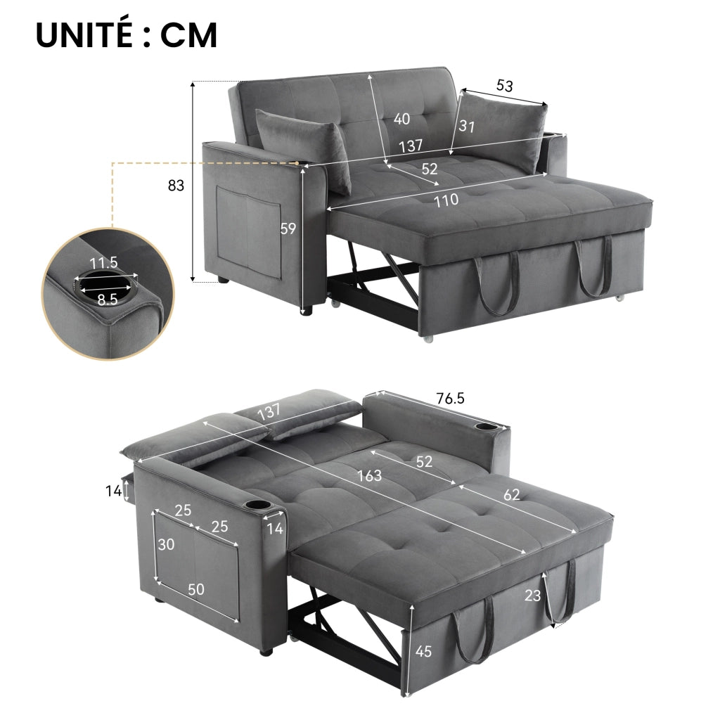 OKWISH Divano Letto 2 Posti, Schienale Regolabile a 3 Posizioni con Portabicchieri e Tasche Laterali, Velluto Grigio
