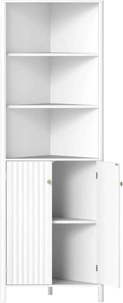 Armadietto da bagno, armadio angolare con 3 ripiani aperti & 2 ante, armadio con ripiani regolabili, mobile da bagno 42,5 x 42,5 x 172,5 cm (Grigio)