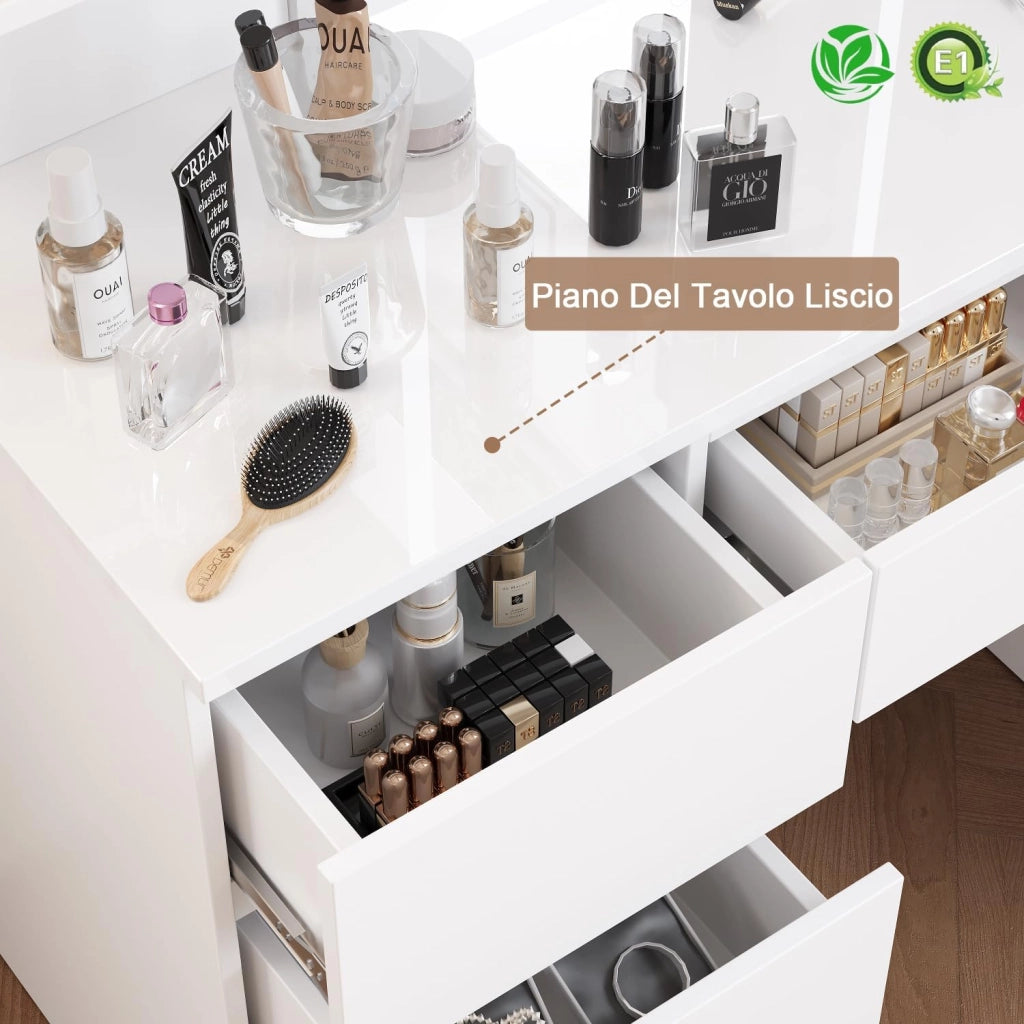 Toeletta da Trucco con 7 Cassetti, Postazione Trucco con Specchio a LED, Luminosità Regolabile,Tavolo da Toeletta con 4 Ripiani Aperti,per la Camera da Letto, Bianco