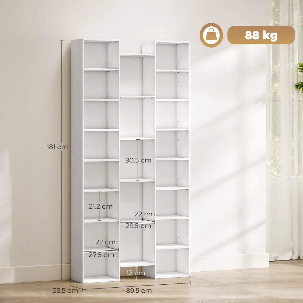 Libreria Moderna in Legno Alta 181 cm con 21 Scomparti e 10 Ripiani Regolabili, Bianco