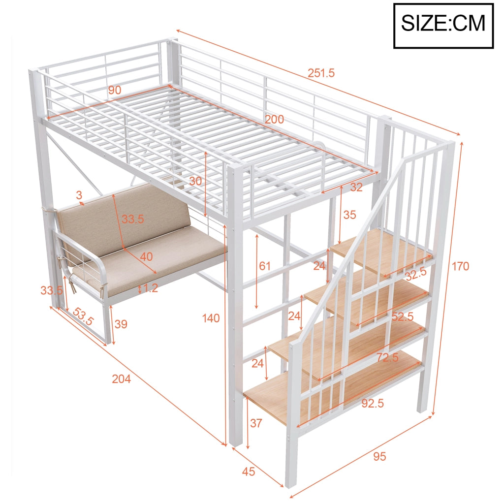 Letto a castello in metallo e MDF 90x200 cm con divano imbottito removibile, scala contenitore e struttura salvaspazio, bianco/nero
