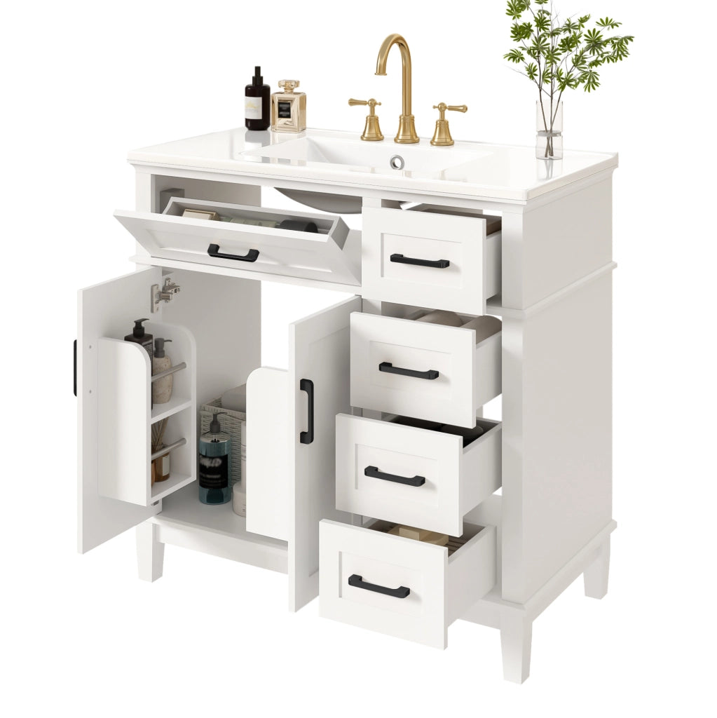 Mobile bagno da terra bianco con lavabo in ceramica, 4 cassetti e ante