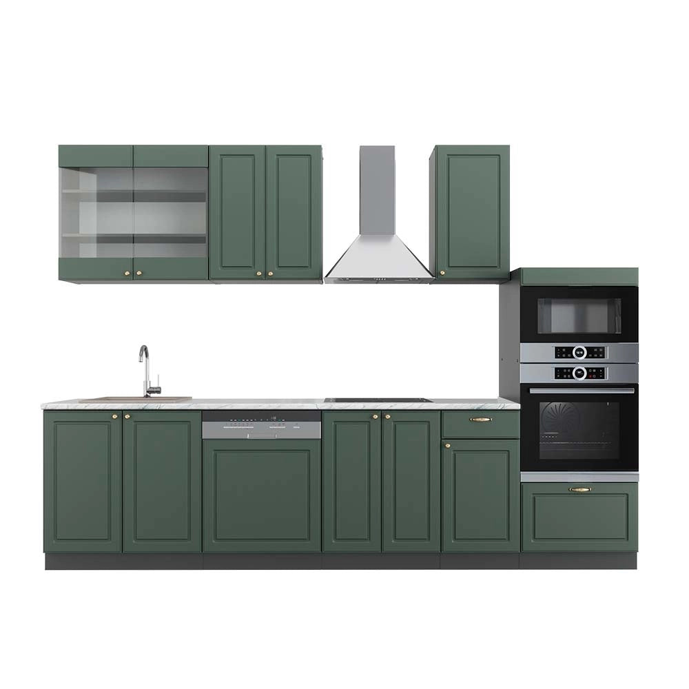 Cucina componibile Fame-Line Verde-oro rustico/Antracite 300 cm con armadio alto, PL Marmo Vicco