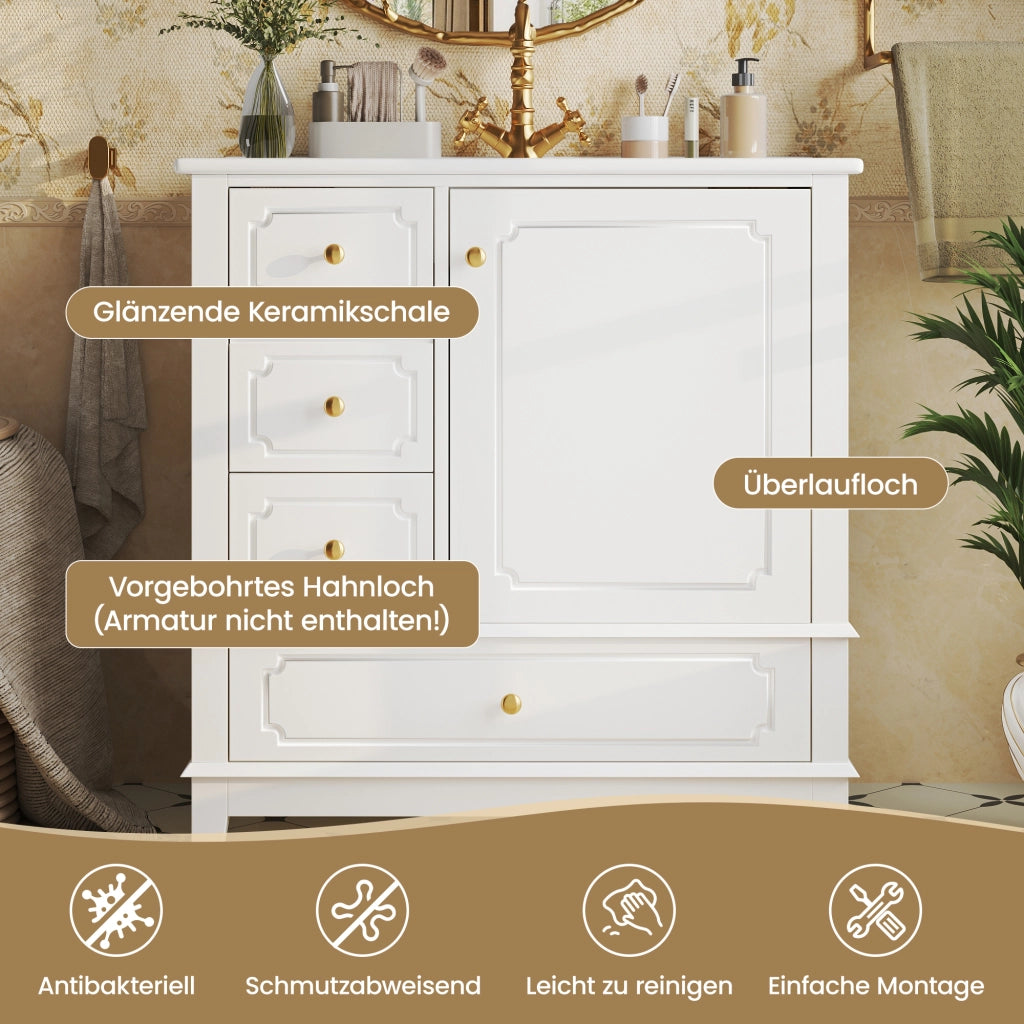 Mobile sottolavabo con lavabo in ceramica, 3 cassetti, vano con ripiano e maniglie oro, per bagno, 76,5 × 47 × 87,5 cm