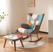 Poltrona a dondolo con poggiapiedi patchwork multicolore; 69;5x50x88;5 cm; legno massello e ferro