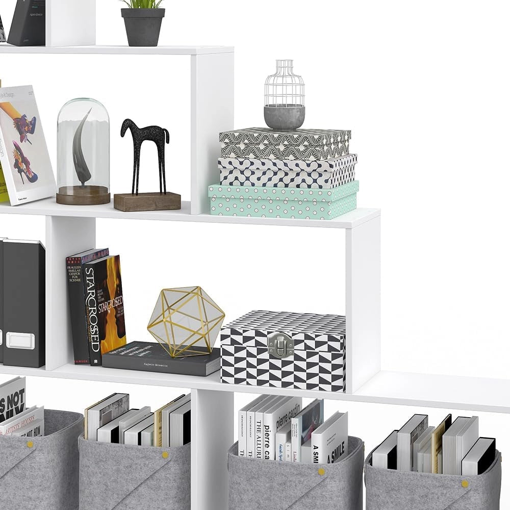Scaffale per scale, Bianco, 163 x 155 cm, utilizzabile come divisorio con ripiani aperti