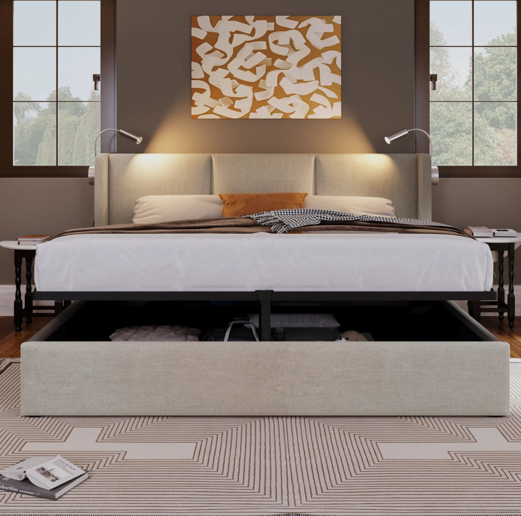 Letto matrimoniale contenitore beige 160x200 con luce e USB