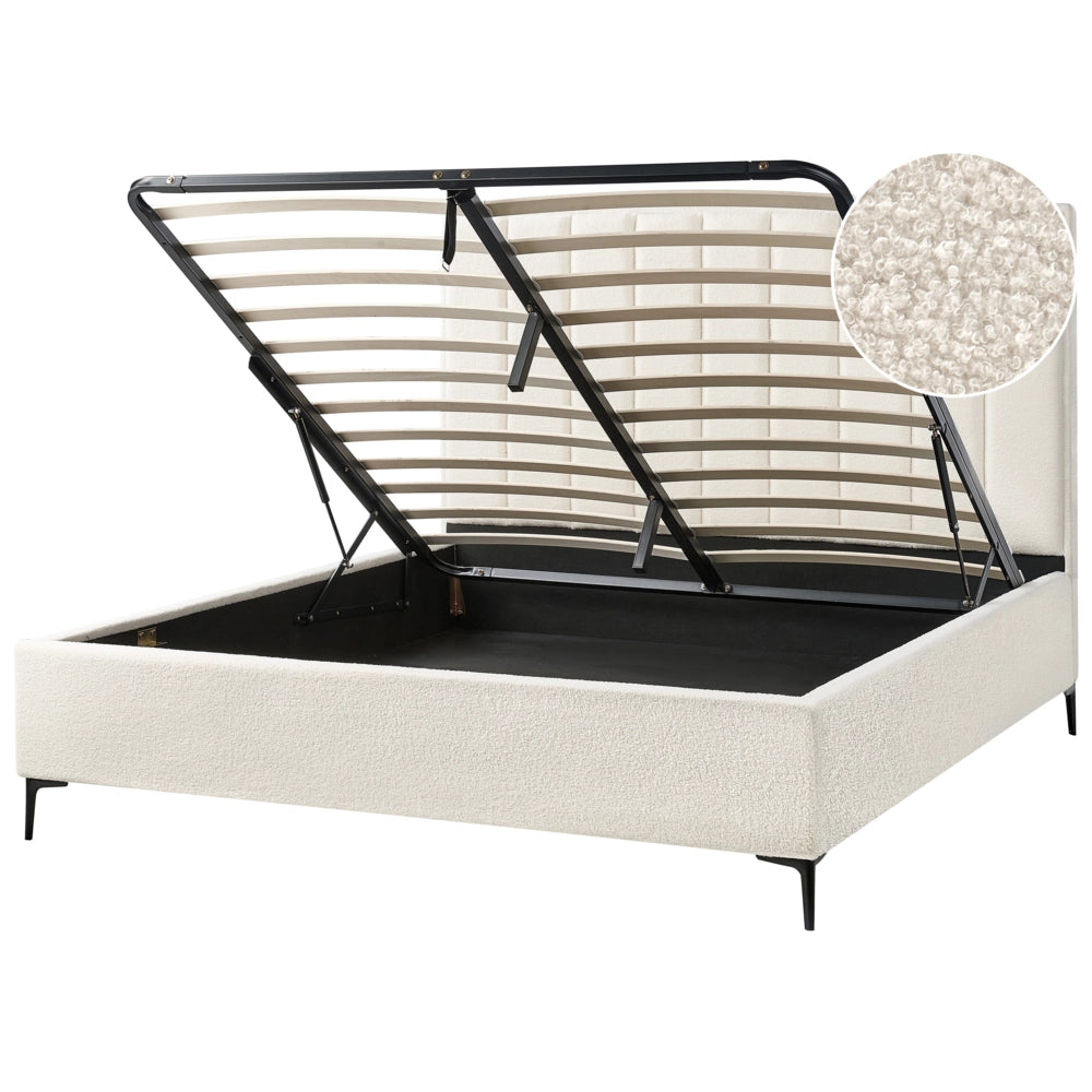 Letto Matrimoniale con Contenitore in tessuto bouclè bianco sporco 180 x 200 cm gambe in metallo Nero